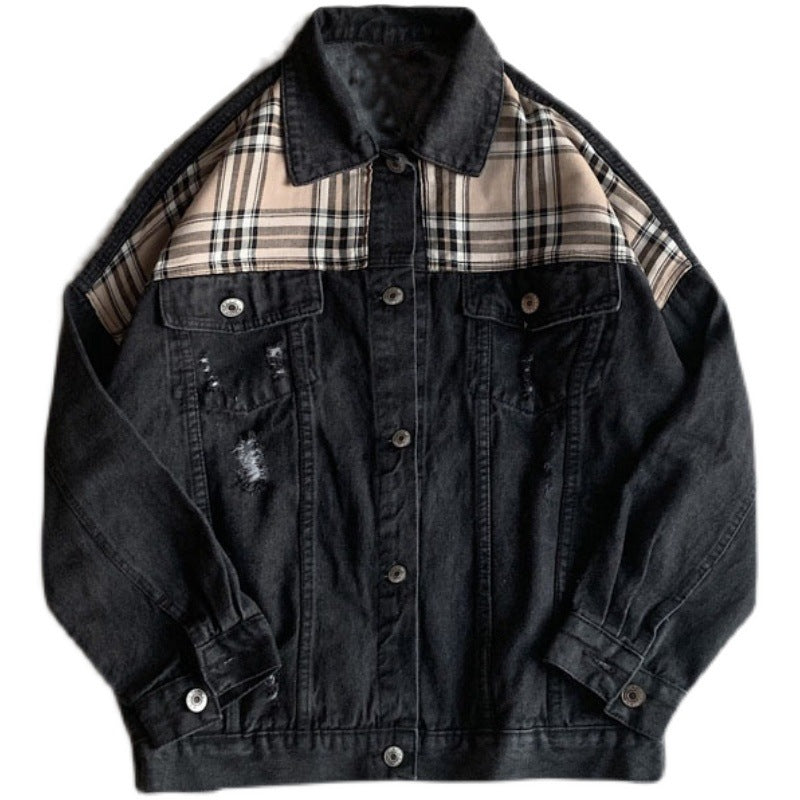 mens outfits Denim Jacket Men's Ins Spring and Autumn Hong Kong Style Korean Style Plaid Stitching Loose Casual Jacket Student Top