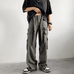 90s fashion men Multi-Pocket Overalls Men's Original American High Street Retro Hip Hop Ruan Handsome Japanese Straight Casual Pants Fashion