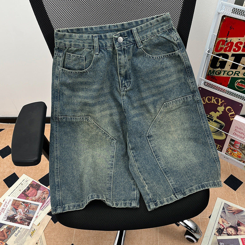 90s streetwear American-Style Retro Washed High Street Stitching Denim Shorts Men's and Women's Summer Wide-Leg Distressed Casual All-Match Cropped Pants