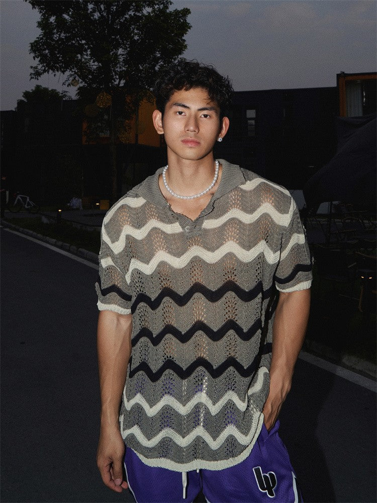 guys clothing styles 2024 Summer New Short-Sleeved Hollow-out Sweater Wave Pattern T-shirt Cool-Feeling Beach Travel Fashion Ins