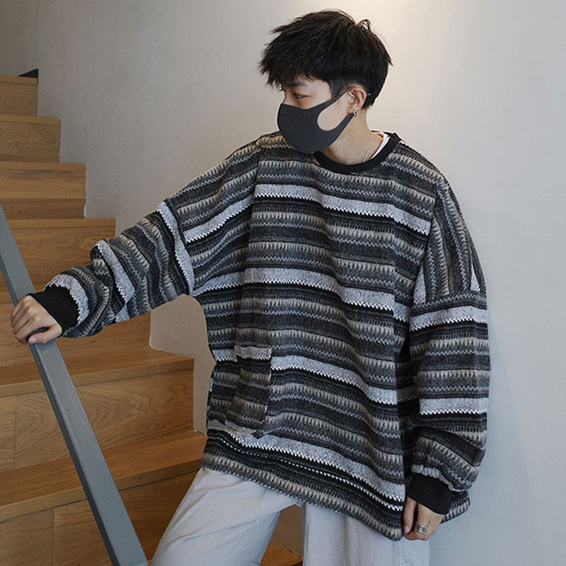 fall outfit men Ethnic Style Retro Striped Woolen Sweater Men's Fashionable Pullover Oversize Loose Lazy Style Korean Style Men's Top