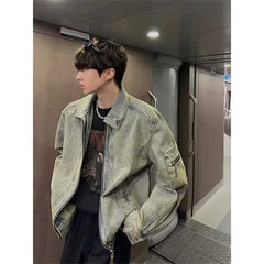 90s streetwear High Street Retro Washed Distressed Denim Coat Men's Spring and Autumn New Style Fried Street Loose Casual Workwear Jacket Fashion