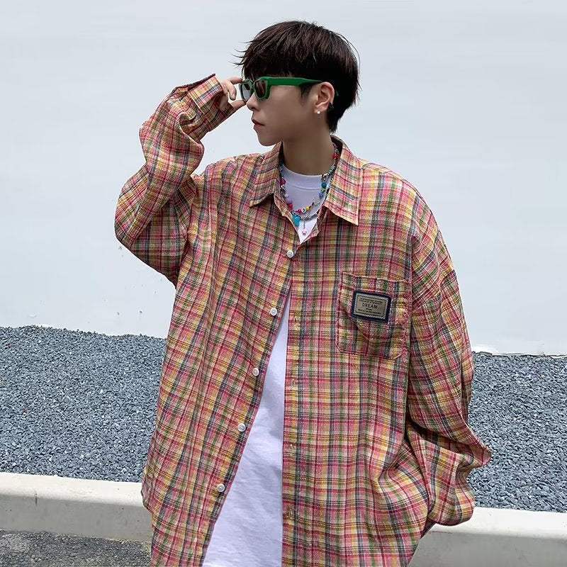 frat outfits Japanese Plaid Shirt Male Couple Student Gentle Long-Sleeved Shirt Niche Shirt Jacket Bottoming Shirt