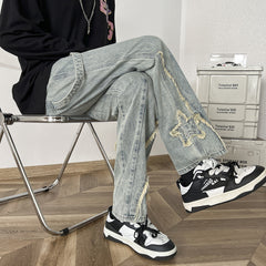 90s fashion men American High Street Vibe Frayed Stitching Jeans Men's Straight High-End Personalized Casual All-Match Trendy Trousers