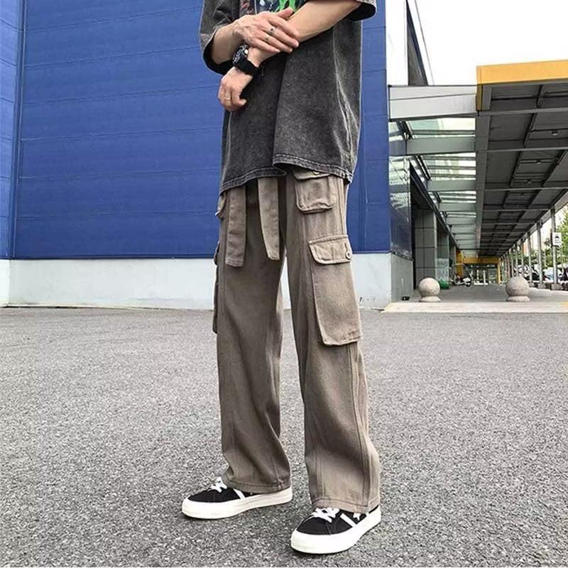 boy outfits Trendy Casual Pants Pants Youth Popular Men's Solid Color Fashion Straight Spring Loose Overalls Mid Waist