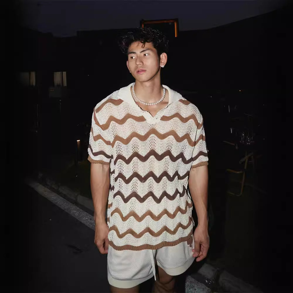 guys clothing styles 2024 Summer New Short-Sleeved Hollow-out Sweater Wave Pattern T-shirt Cool-Feeling Beach Travel Fashion Ins