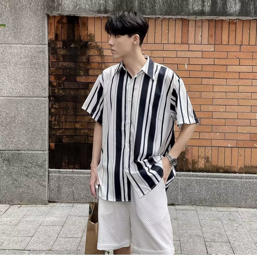 90s fashion men Prohibited Ice Silk Draping Striped Short Sleeve Shirt Men's Ins Hong Kong Style Summer Half Sleeve Casual Shirt Fashion