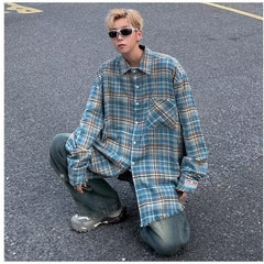 guys fits Japanese Retro Plaid Long-Sleeved Shirt Men's Spring and Autumn Loose Shirt Sunny Clean Boys Wear Fashionable Coat