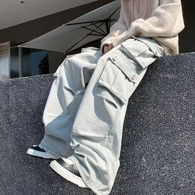 mens fashion Retro American-Style Large Pocket Jeans Men's High Street Vibe Wide-Leg Pants Niche Workwear Ruan Handsome Trousers