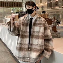 mens outfits 2024 Autumn and Winter New American Retro Contrast Color Plaid Cardigan Coat Men's Lazy Casual Loose Woolen Top