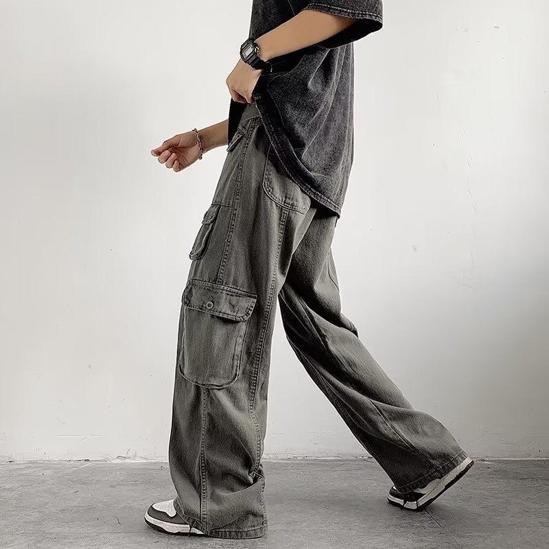 90s fashion men Multi-Pocket Overalls Men's Original American High Street Retro Hip Hop Ruan Handsome Japanese Straight Casual Pants Fashion