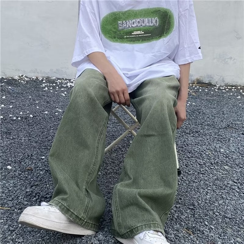 streetwear men outfits High Street Washed Distressed Green Jeans Men's Spring and Autumn Street Hip Hop Loose Wide-Leg Pants Fashion