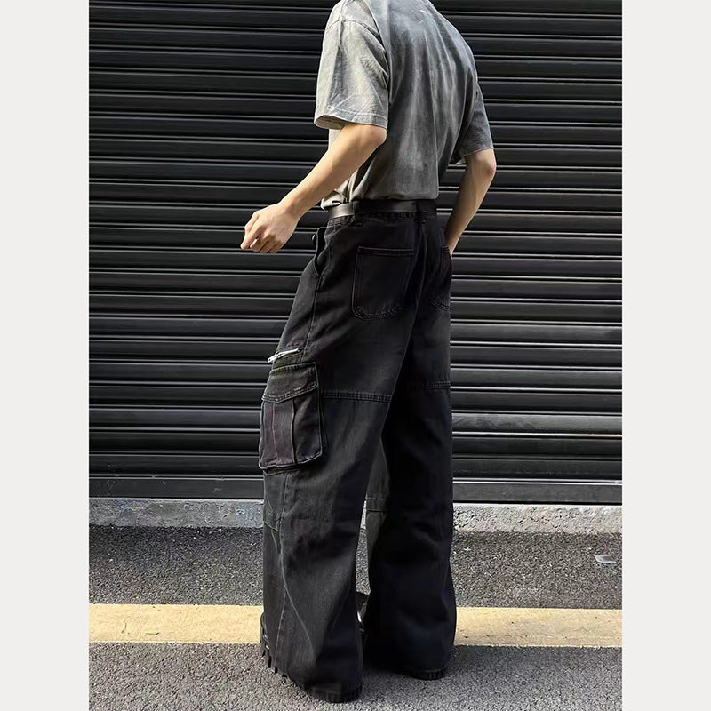 drip outfit men American Retro Distressed Washed Workwear Jeans Men's and Women's Street Hip Hop Loose Wide-Leg Mopping Trousers