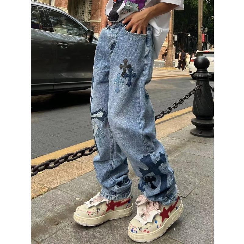 90s streetwear American High Street Original Patch Cross Embroidered Jeans Men's and Women's National Fashion All-Match Slim Slimming Long Pants Fashion