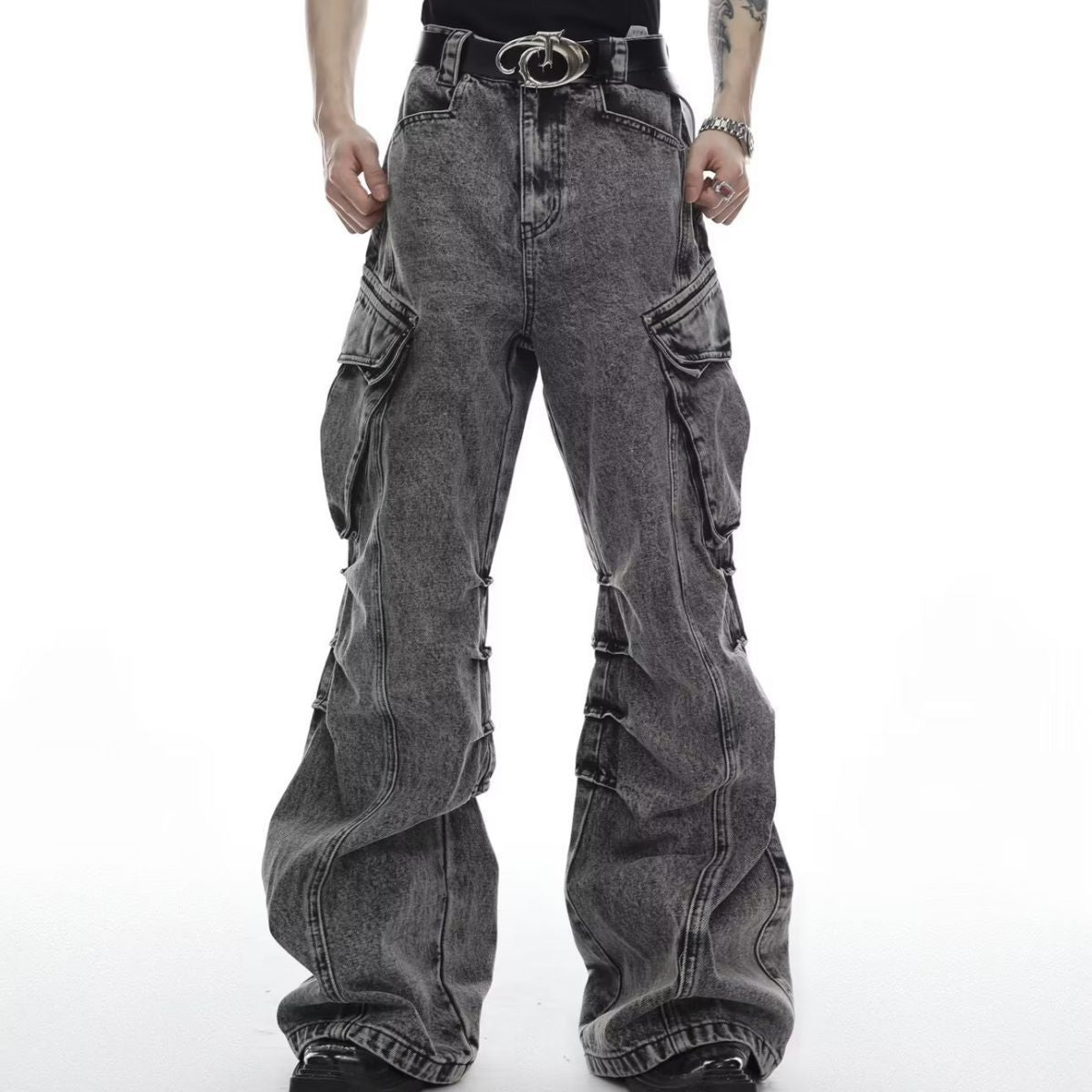 skater boy outfits American Style Vintage Washed Distressed Pocket Workwear Stacked Wide Leg Straight Jeans High Quality