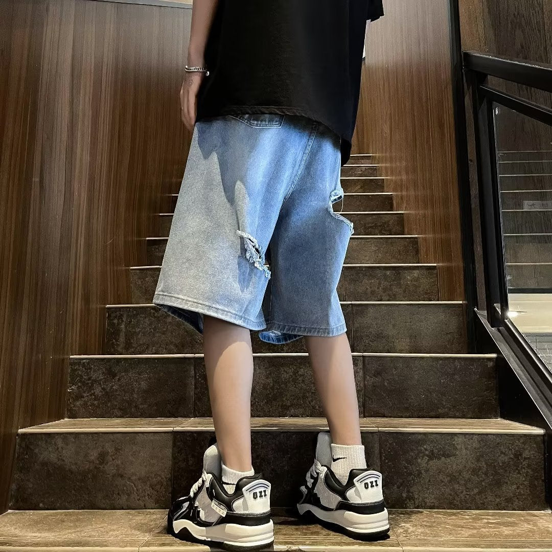 skater boy outfits Summer Fashion Brand Thin Knee Ripped Jeans Men's American-Style Loose Straight Wide-Leg Pants Trendy Shorts