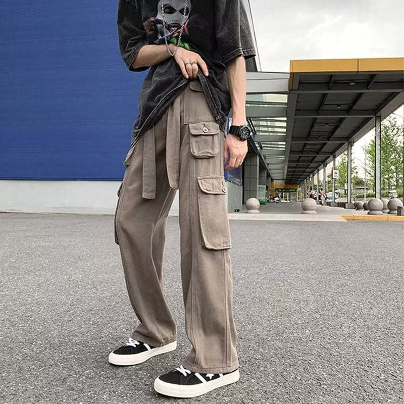 boy outfits Trendy Casual Pants Pants Youth Popular Men's Solid Color Fashion Straight Spring Loose Overalls Mid Waist