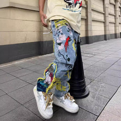 drip outfit men High Street American Contrast Color Patch Bird Plum Embroidery Worn Niche Jeans Men's and Women's Same Loose Trousers