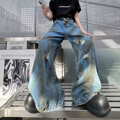 skater boy outfits Vintage Washed Straight Wide-Leg Pants Personalized Ripped Flip-down Jeans High Street Men's Vintage Casual Pants