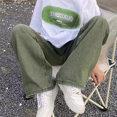 streetwear men outfits High Street Washed Distressed Green Jeans Men's Spring and Autumn Street Hip Hop Loose Wide-Leg Pants Fashion