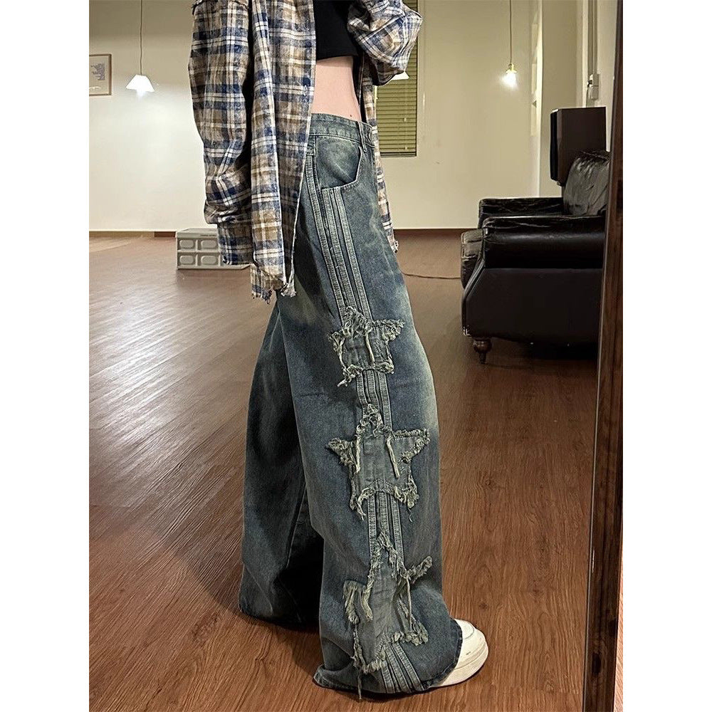 skater boy outfits Washed Old Star Patch Jeans for Women 2024 New Retro Draping Loose Wide Leg Mop Pants