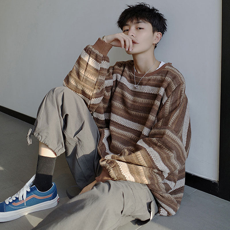 fall outfit men Ethnic Style Retro Striped Woolen Sweater Men's Fashionable Pullover Oversize Loose Lazy Style Korean Style Men's Top