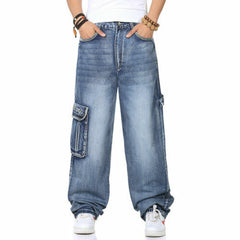 90s fashion men Fat Guy plus Size Fashion Multi-Pocket Wide Jeans plus Size Ins Men's Loose Denim Long Pants