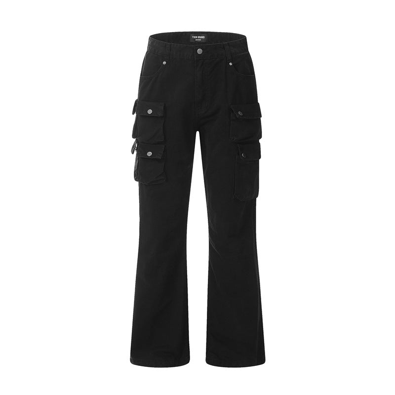 90s fashion 2024 Spring and Autumn Carbon Grinding Washed Three-Dimensional Multi-Pocket Overalls Distressed Skinny Casual All-Matching Trousers Fashion