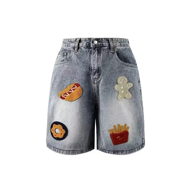 90s streetwear American Retro Creative French Fries Hot Dog Towel Embroidered Denim Shorts Men's and Women's High Street Straight Loose Wide-Leg Shorts