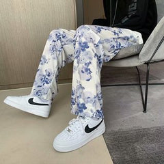 starboy outfit Rendering White Casual Pants Men's Autumn Thin Floral Hip Hop Trousers Hip Hop Couple Loose Straight Wide Leg Pants