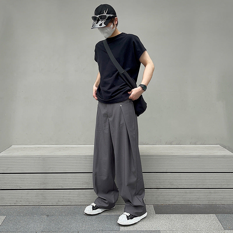 guys clothing styles 2024 Loose Straight Mop Pants Suit Long Pants Men's Trendy Draping Suit Pants Leaf Bold