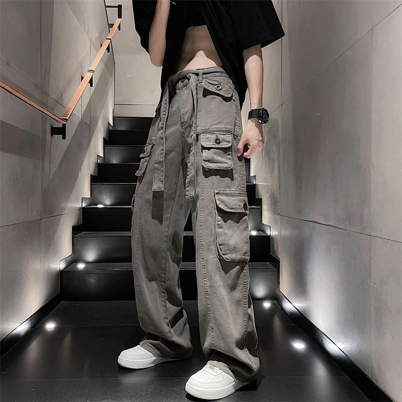 boy outfits American Ins High Street Multi-Pocket Overalls Men's Loose Straight Casual Pants Autumn Drape Wide Leg Pants