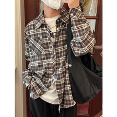 90s streetwear Spring and Autumn Japanese Style Black and White Plaid Long-Sleeved Shirt Men's Niche Retro Hong Kong Style Loose Shirt All-Matching Coat