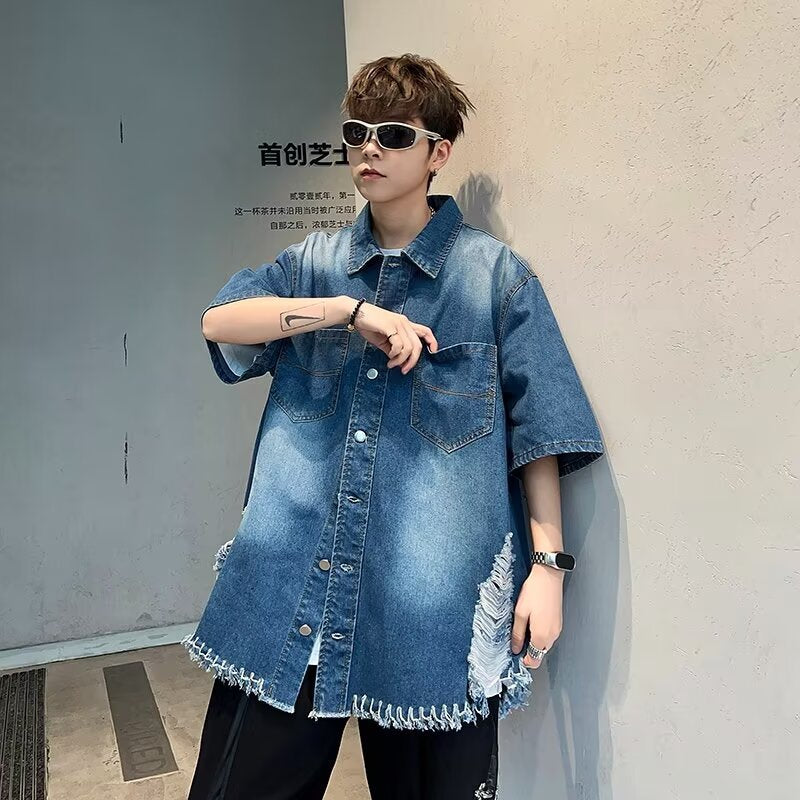 skater boy outfits Denim Short Sleeve Shirt Men's Summer Thin Shirt Five-Point Shirt Loose plus Size Half Sleeve Japanese Retro Top