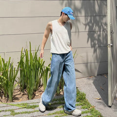 fall mens outfits Light Blue Jeans Men's Simple American Retro Loose Wide-Leg Straight Mop Pants High Street Pants