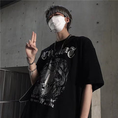 90s streetwear INS Dark Street Hip Hop Personality All-Match Loose round Neck Short Sleeve T-shirt Dark