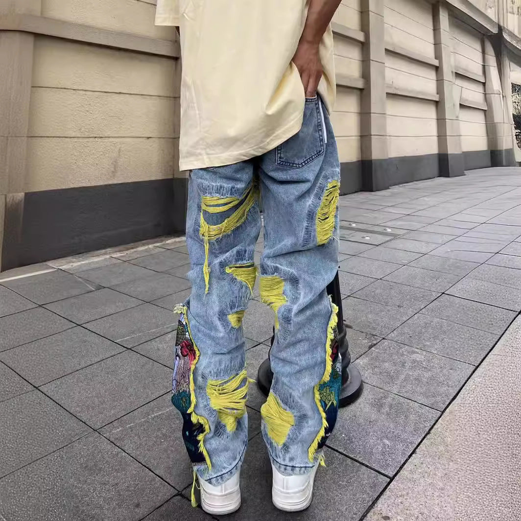 drip outfit men High Street American Contrast Color Patch Bird Plum Embroidery Worn Niche Jeans Men's and Women's Same Loose Trousers