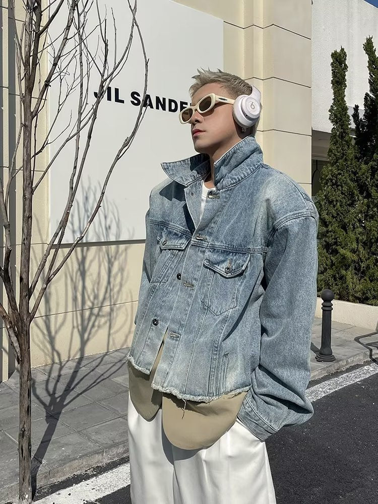 mens fashion New Men's Stitching Back Denim Coat Men's Washed Burr Profile Shoulder Pad Short Jacket Coat