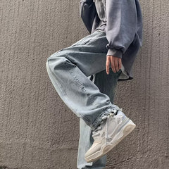 90s streetwear Straight Jeans Men's Spring and Autumn Japanese Men's Washed Blue Loose Wide-Leg Casual Ankle-Tied Pants Men's