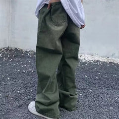 streetwear men outfits High Street Washed Distressed Green Jeans Men's Spring and Autumn Street Hip Hop Loose Wide-Leg Pants Fashion