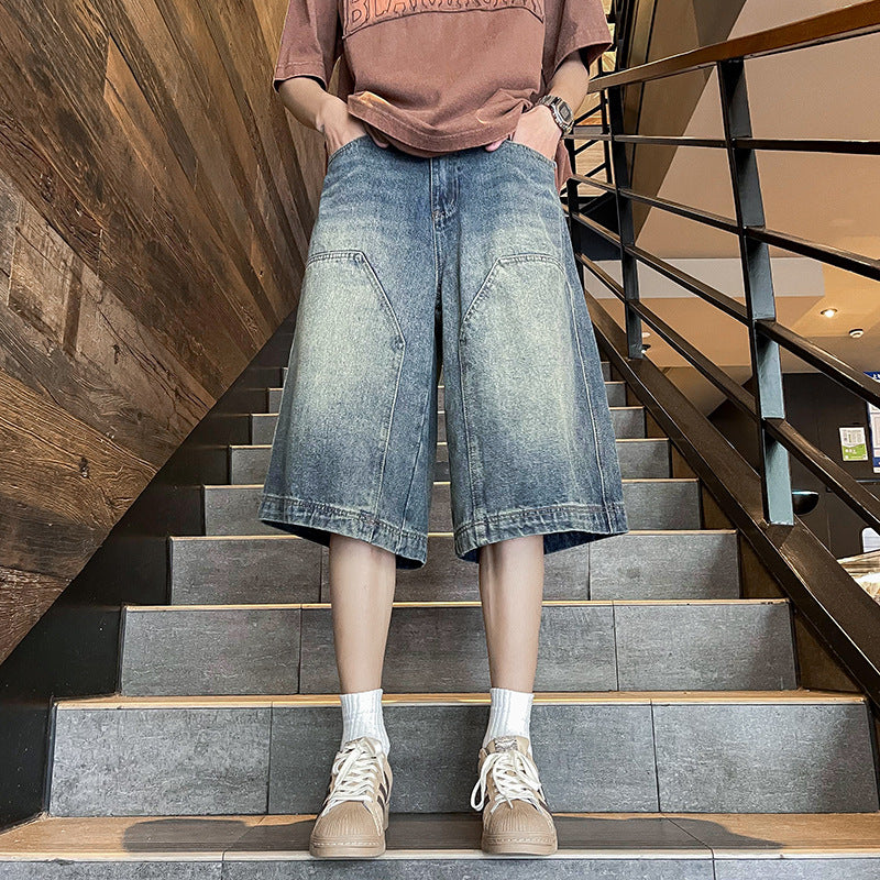 90s streetwear American Retro Workwear Denim Shorts Men's Summer Versatile High Street Vibe Loose Washed Wide-Leg Shorts