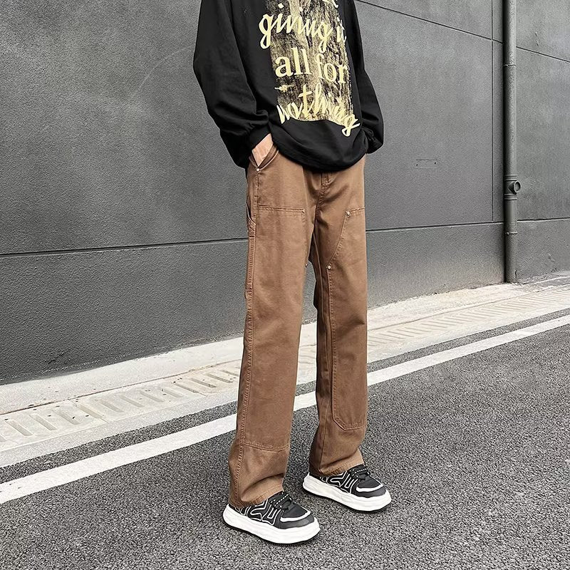 fall outfit men Army Green Logging Pants Men's Autumn American High Street Vibe Straight Pants Loose Ruan Handsome Casual Overalls Boys