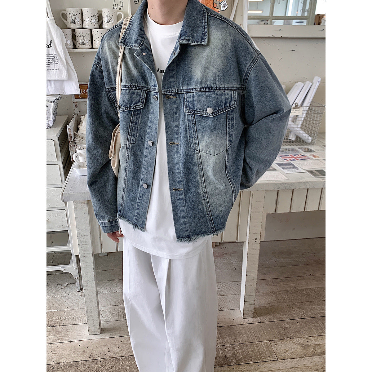 mens fashion American-Style Retro Fashionable Washed Distressed Denim Coat Men's Harajuku Frayed Hem Jacket