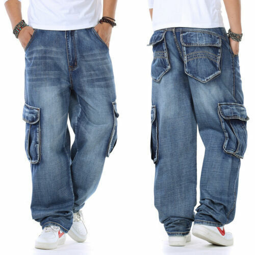 90s fashion men Fat Guy plus Size Fashion Multi-Pocket Wide Jeans plus Size Ins Men's Loose Denim Long Pants