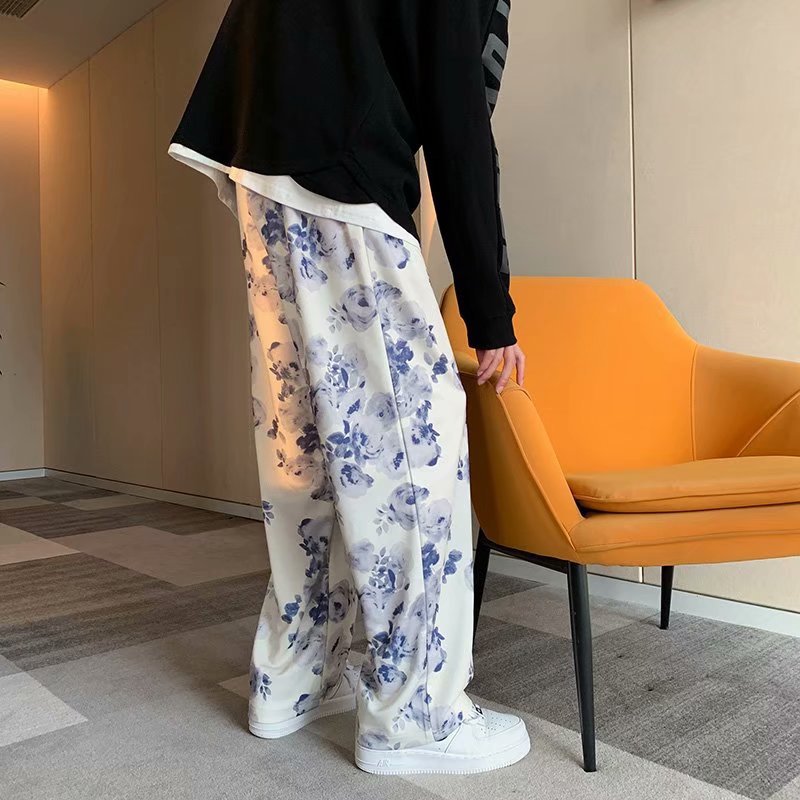 starboy outfit Rendering White Casual Pants Men's Autumn Thin Floral Hip Hop Trousers Hip Hop Couple Loose Straight Wide Leg Pants