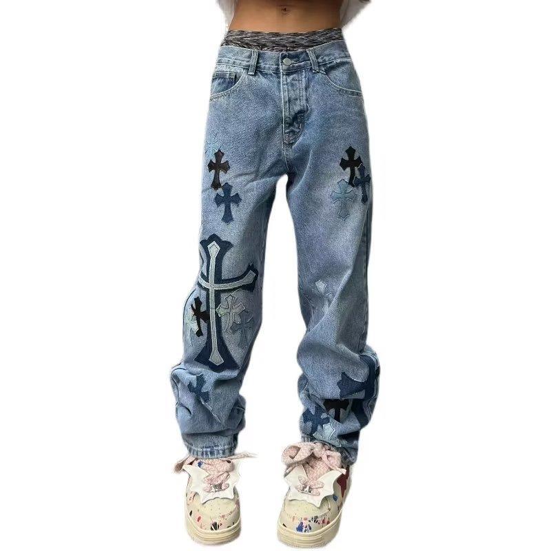 90s streetwear American High Street Original Patch Cross Embroidered Jeans Men's and Women's National Fashion All-Match Slim Slimming Long Pants Fashion