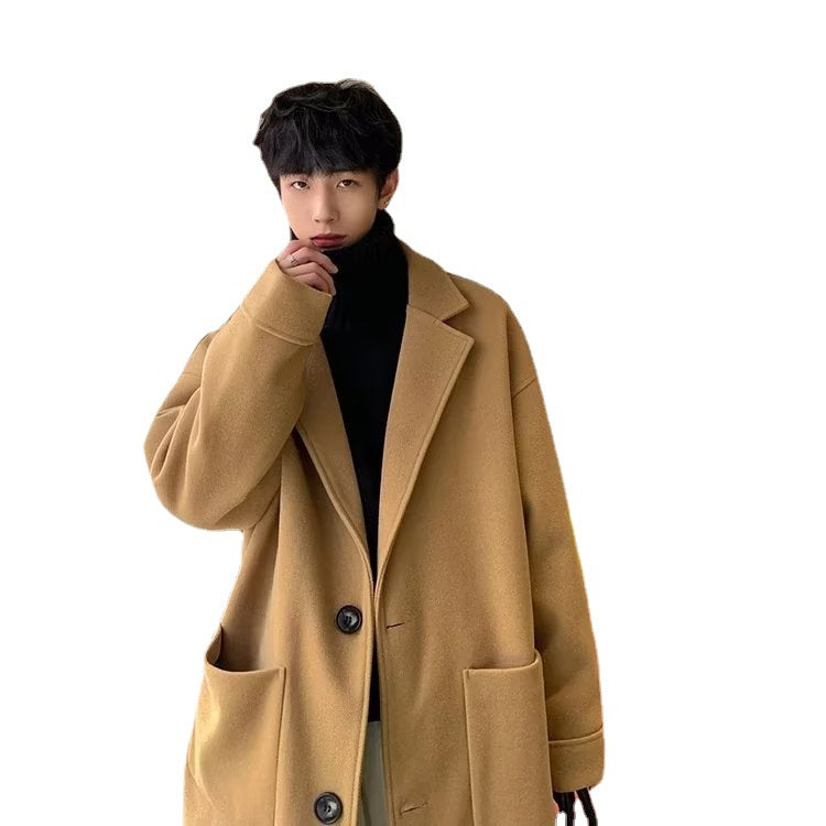 old money outfits men Woolen Overcoat Men's Mid-Length Winter High-Grade High Street Black Woolen Trench Coat Winter Thickened Coat Cotton-Padded Coat Fashion