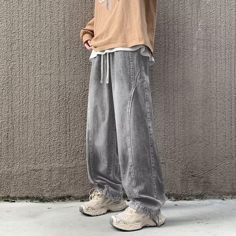 90s streetwear Straight Jeans Men's Spring and Autumn Japanese Men's Washed Blue Loose Wide-Leg Casual Ankle-Tied Pants Men's