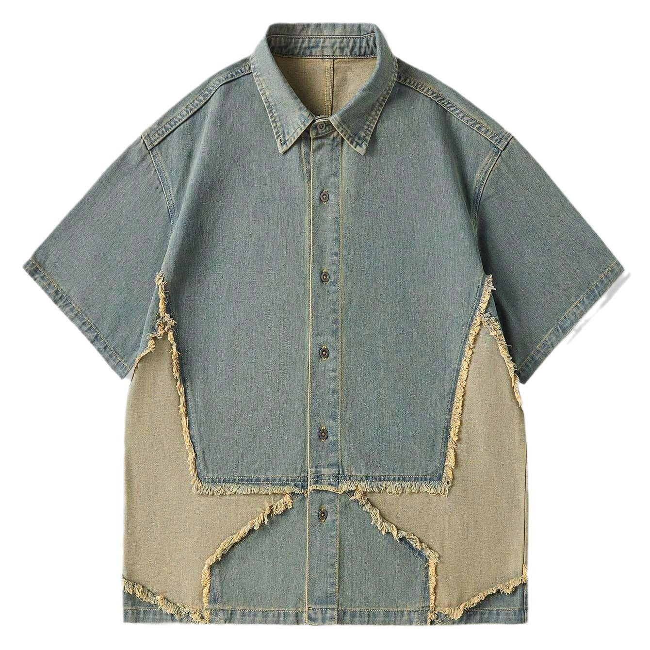 90s fashion men Frayed Star Patch Embroidered Short-Sleeved Men's Shirt Summer American Street Wash Polo Collar Button Cardigan Shirt