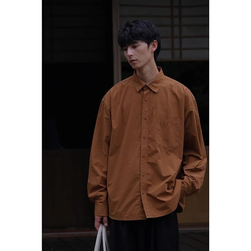 mens fall fashion Autumn Basic Japanese Color Loose All-Match Handsome Cream Retro Simple Workwear Long Sleeve Shirt for Men and Women